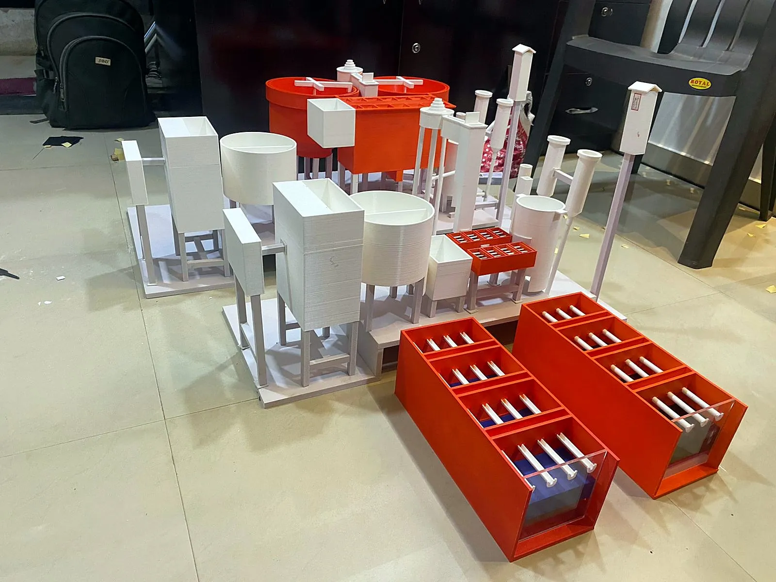 3D-printed plant model sections being assembled in the AURO3D workshop before mounting on the base