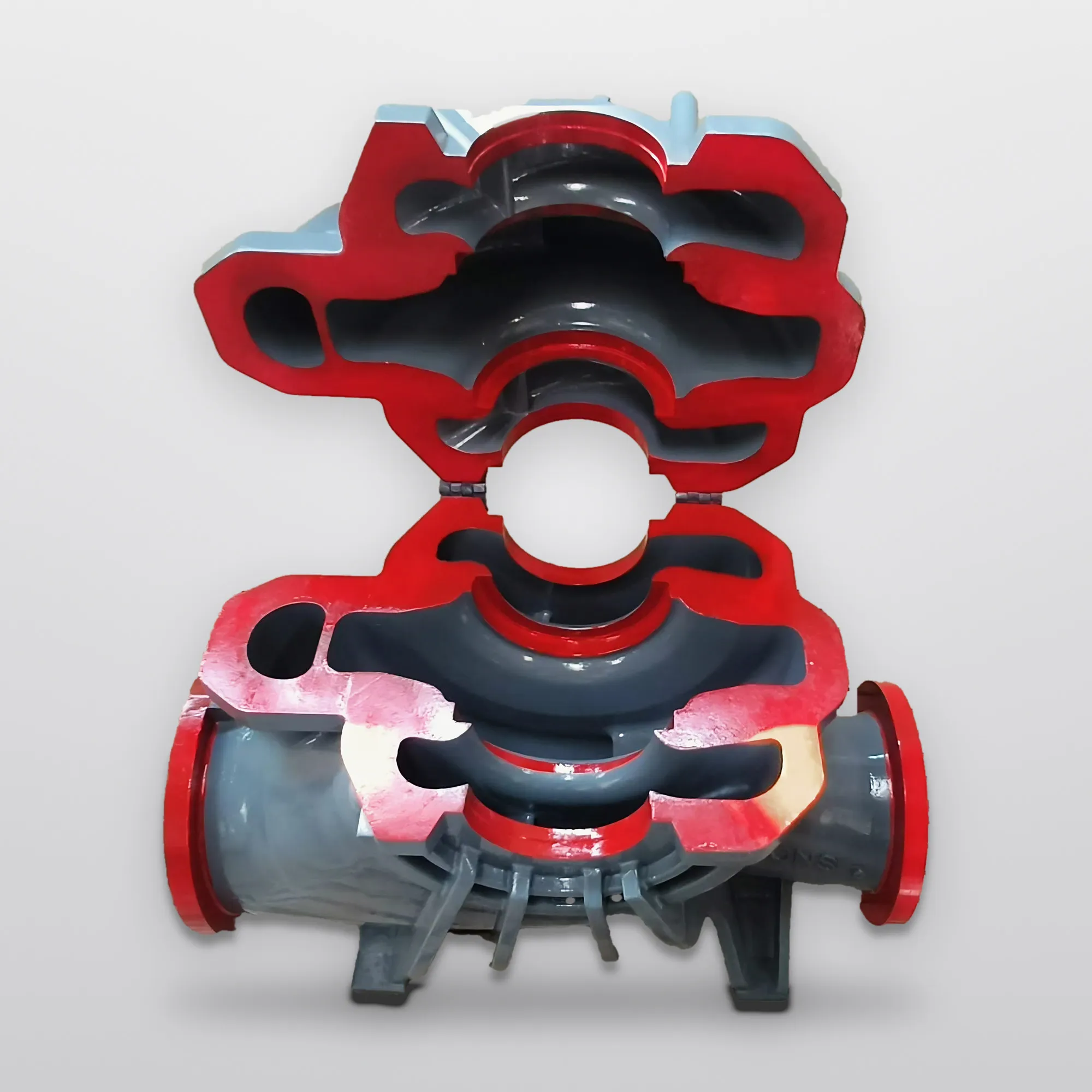 3D-printed pump cutaway exhibition model painted red and grey